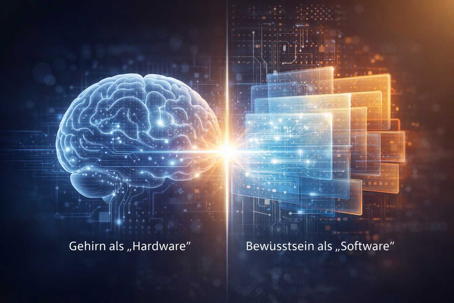 Abstraktes Gehirn als Hardware und Bewusstsein als Software – Darstellung der Entwicklung des Bewusstseins in horizontaler und vertikaler Dimension