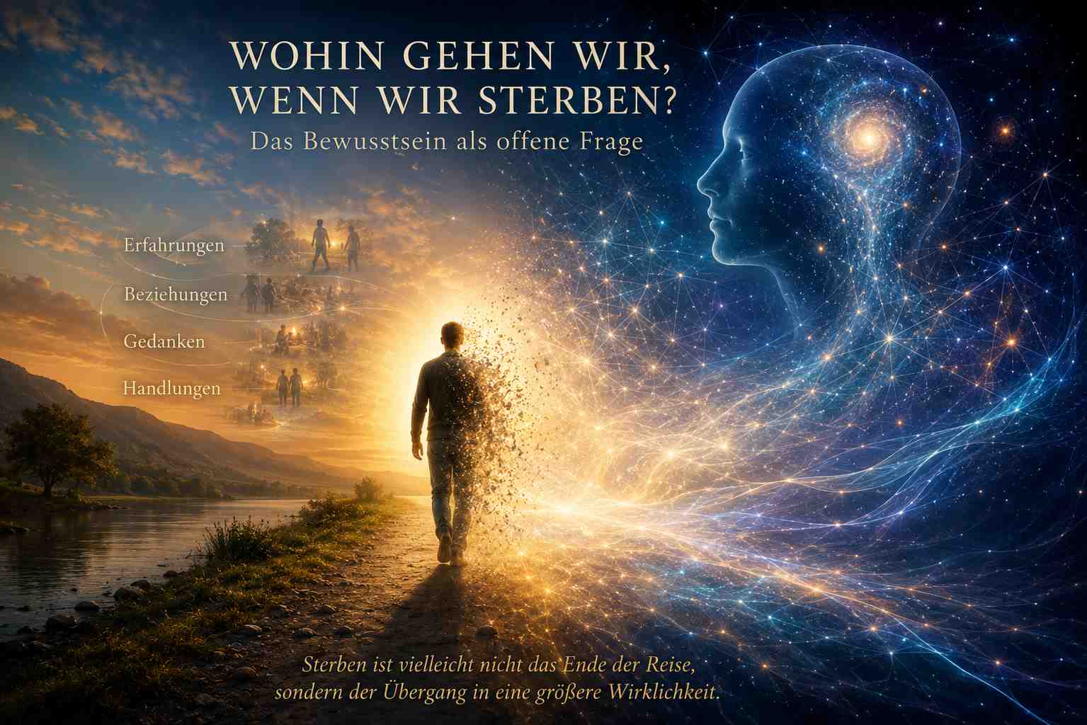 Symbolische Darstellung des Bewusstseins nach dem Tod als Übergang in ein kosmisches Feld aus Licht, Erinnerung und Bewusstsein