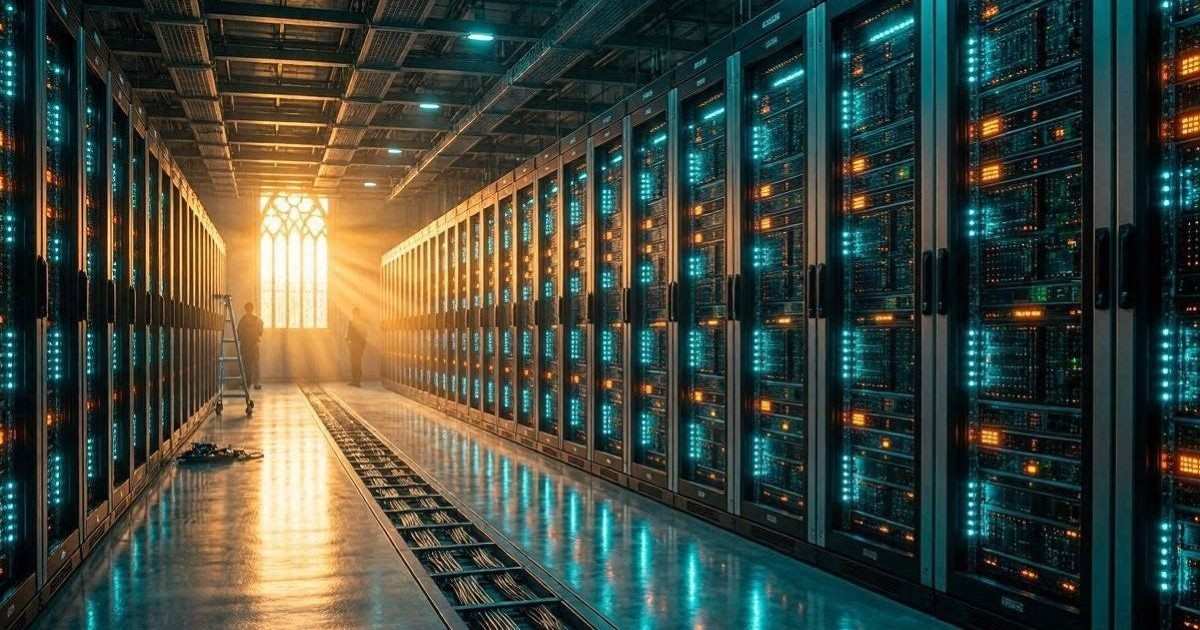 Hypermoderner Serverraum mit blau-orangen Lichtern und einem hellen goldenen Lichtschein am Ende des Gangs wie in einer Kathedrale.